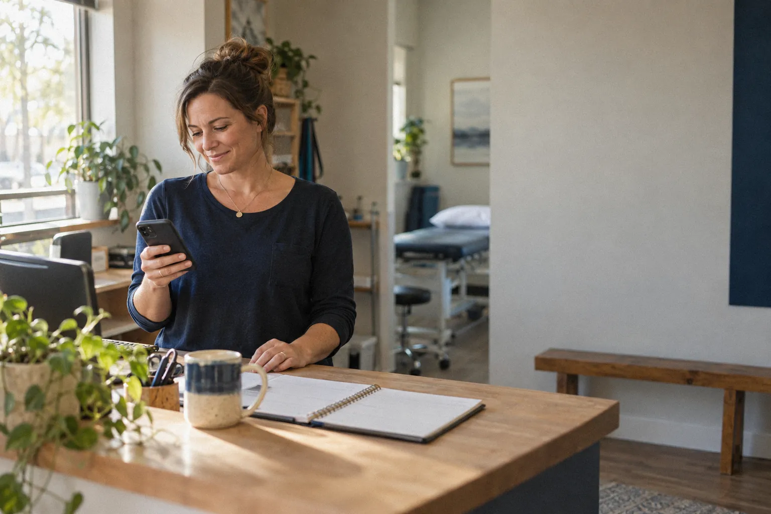 Owner of a small physical therapy clinic at the front desk, checking her phone with a relaxed smile.