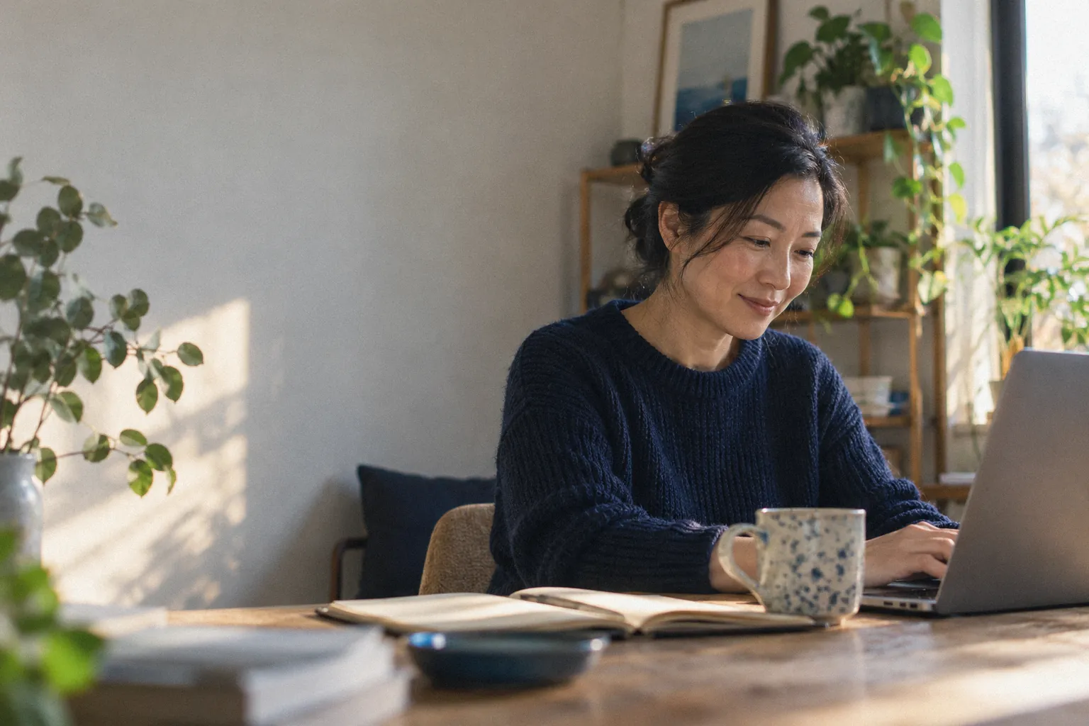 Business owner writing an email on her laptop in a home office with morning light.
