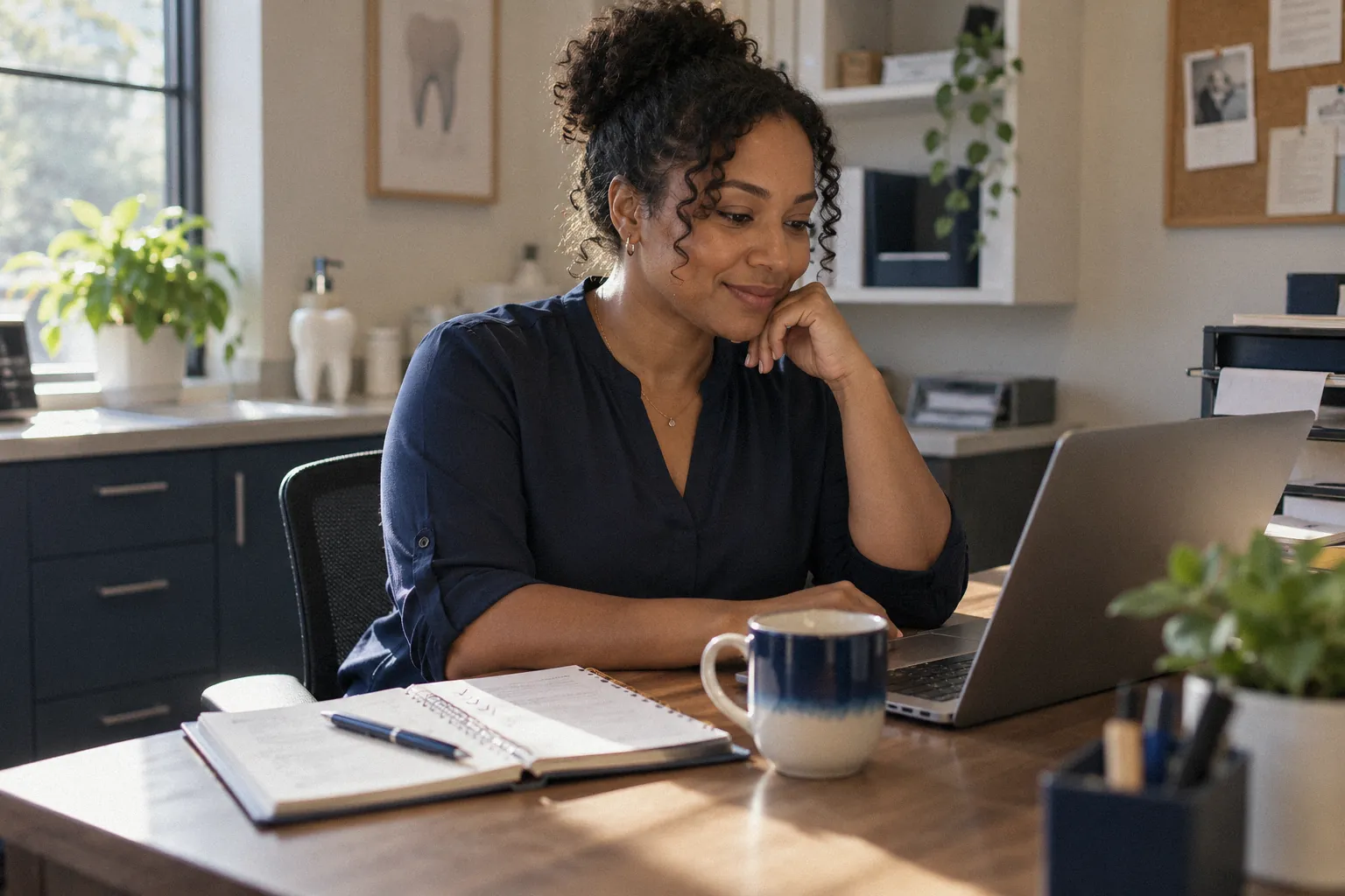 Office manager calmly reviewing the day’s schedule on a laptop, with coffee and a notebook.