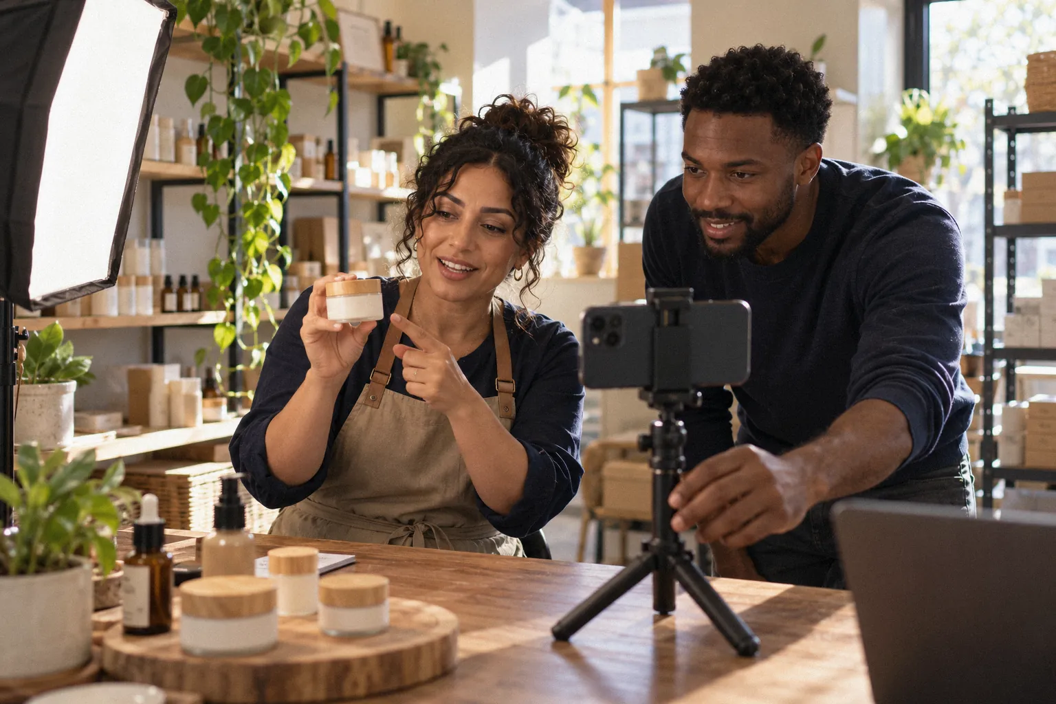 Small team filming a short product video with a phone on a tripod.