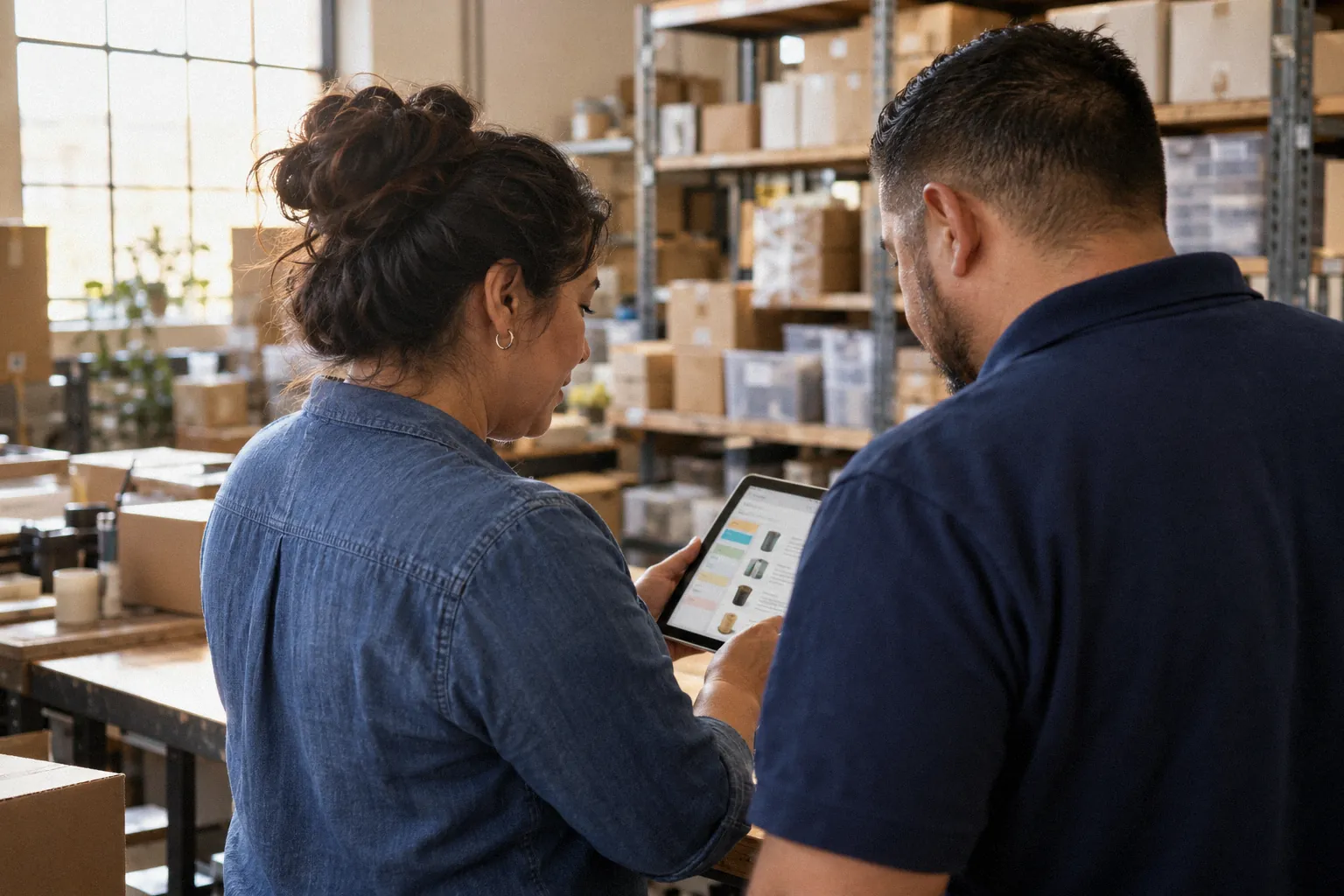 A warehouse owner and her employee checking stock together in an inventory app on her tablet.