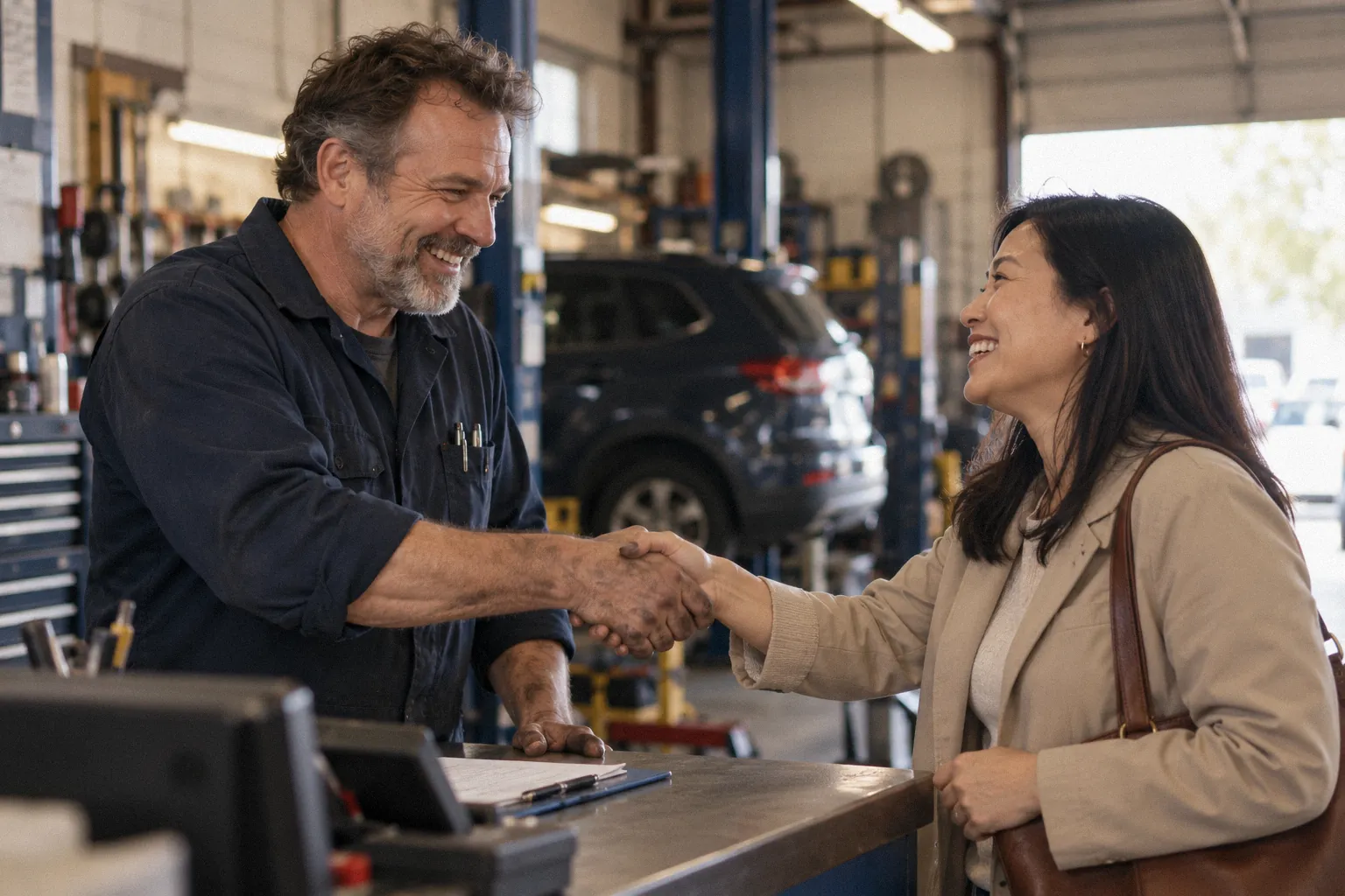 Auto repair shop owner shaking hands with a happy customer at the counter.