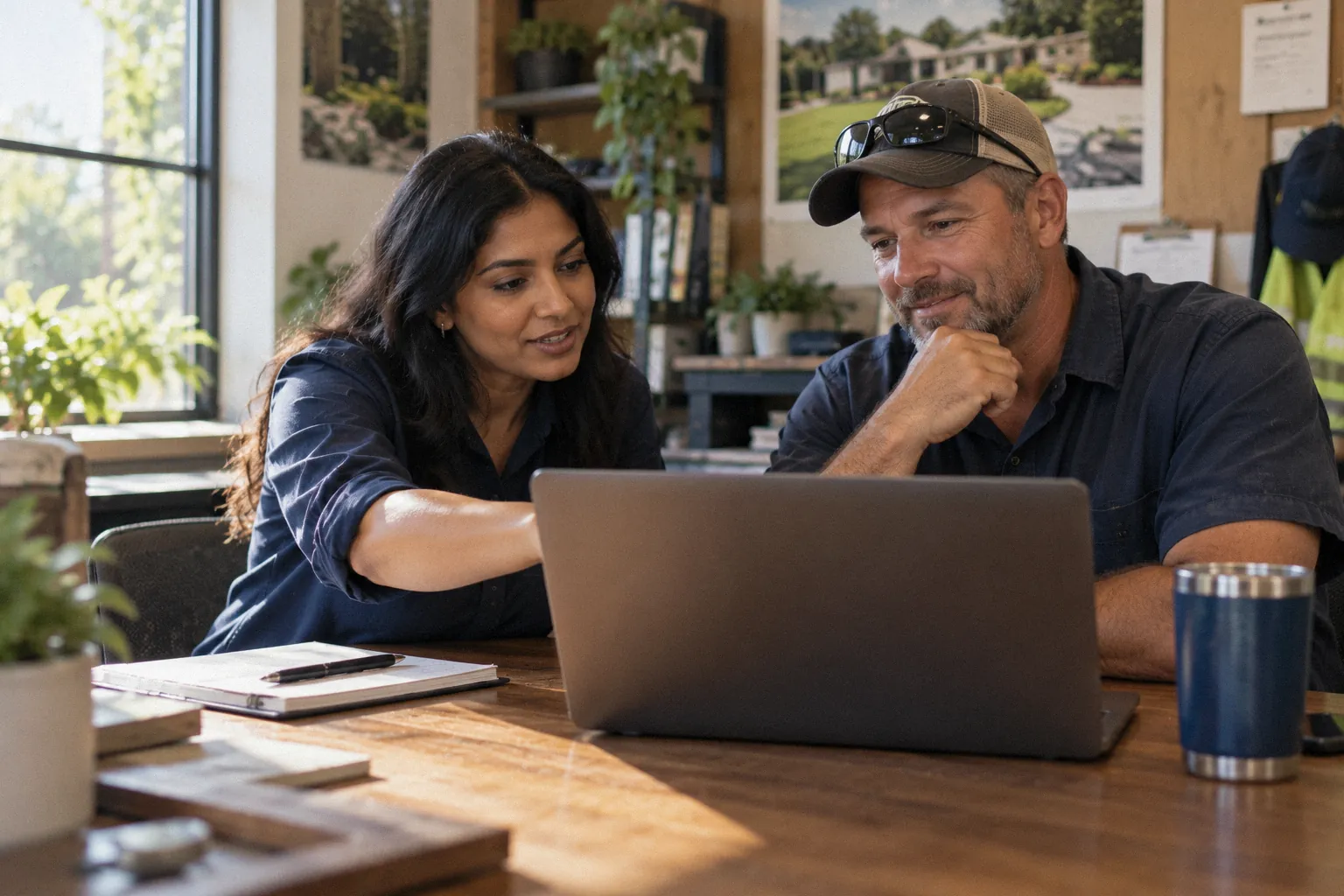 Designer and business owner reviewing a website together on a laptop.