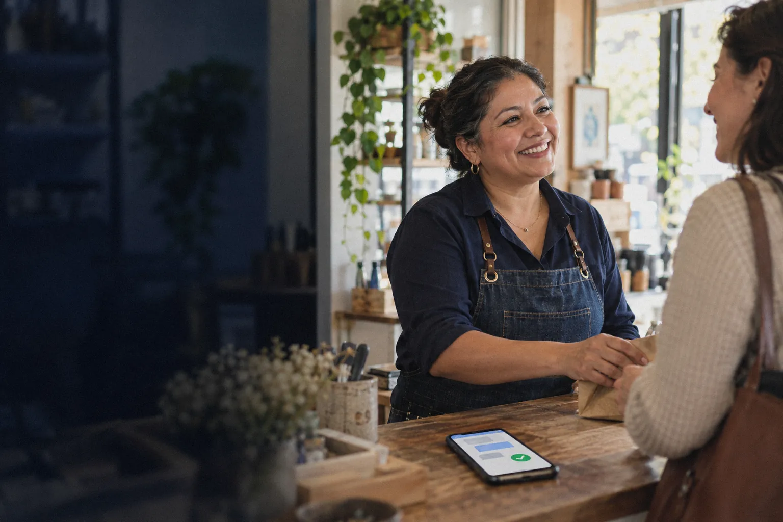 Shop owner in an apron serving a customer in person while her phone on the counter shows a booking already confirmed.