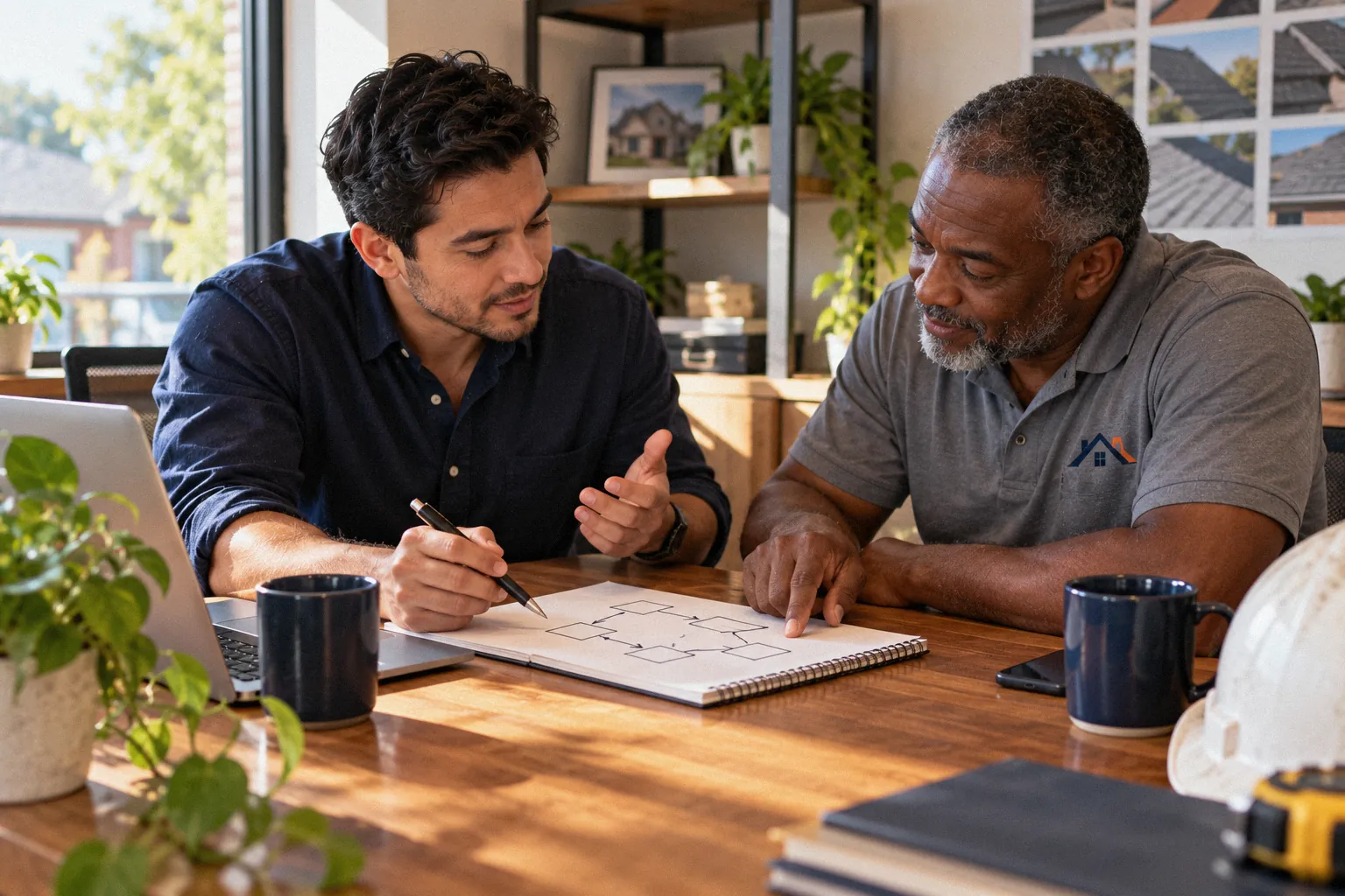 Consultant and a roofing company owner mapping a process in a notebook.