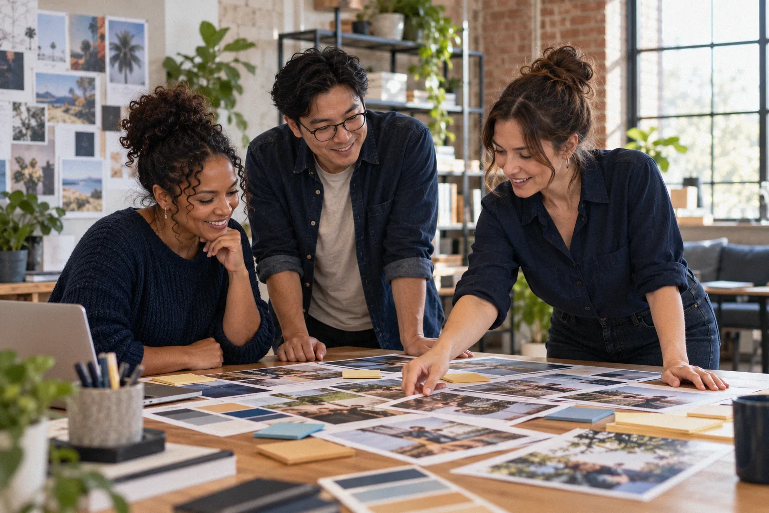 Three agency team members choose photos for a campaign around a table covered with prints and color swatches.