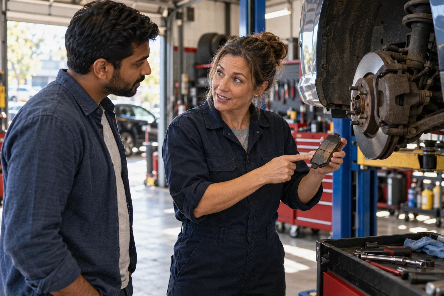 A mechanic shows a customer a worn brake pad next to a car on the lift.