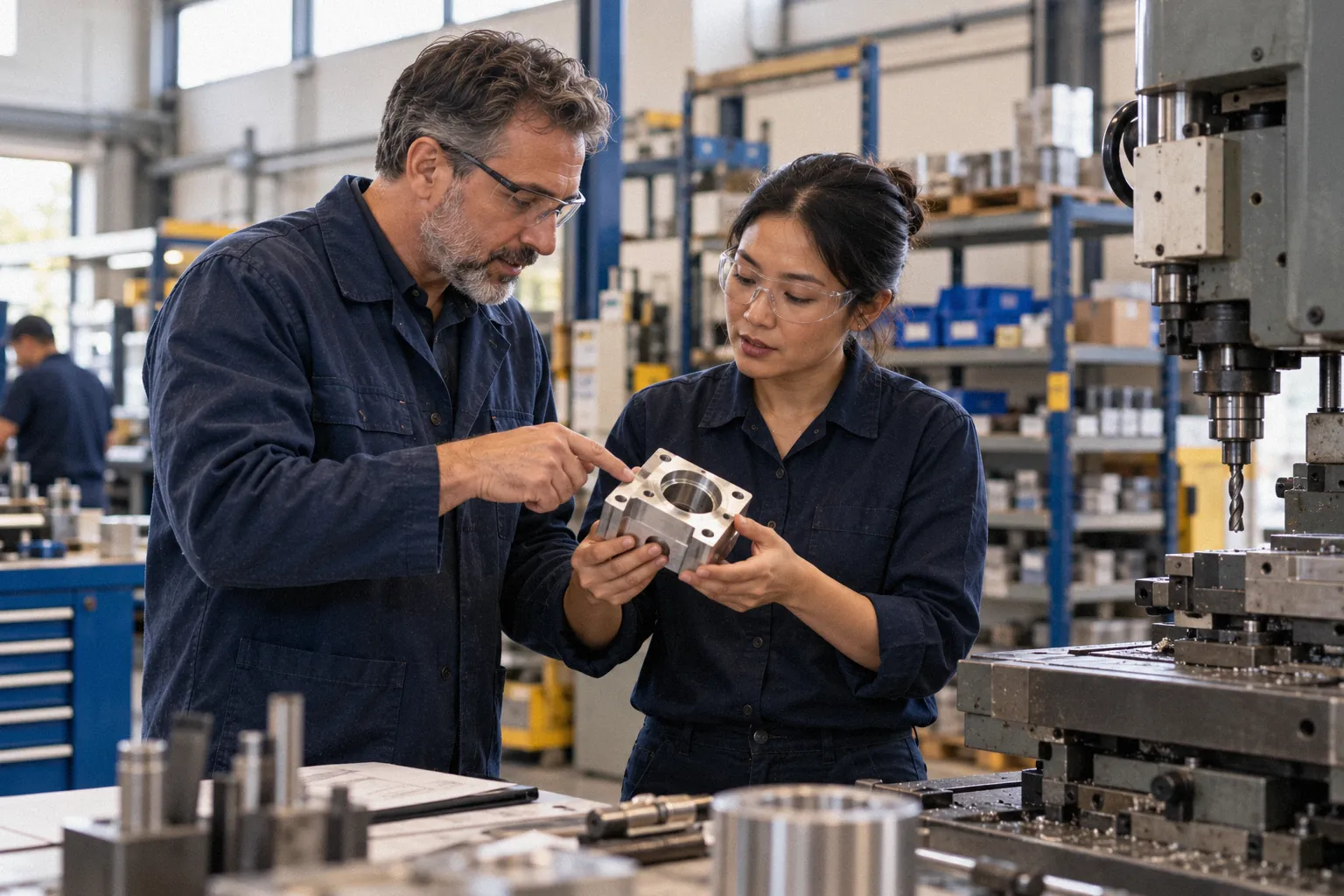 A production manager and a technician inspect a machined metal part in a small workshop.
