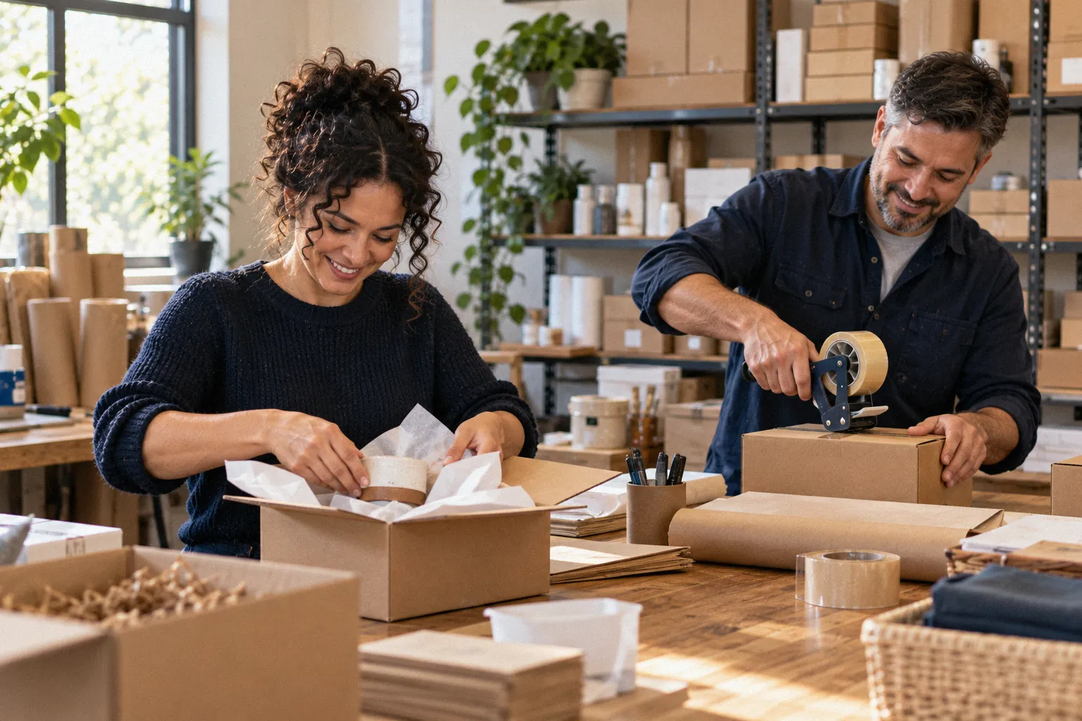 Two people pack customer orders into cardboard boxes in the back room of a small online store.