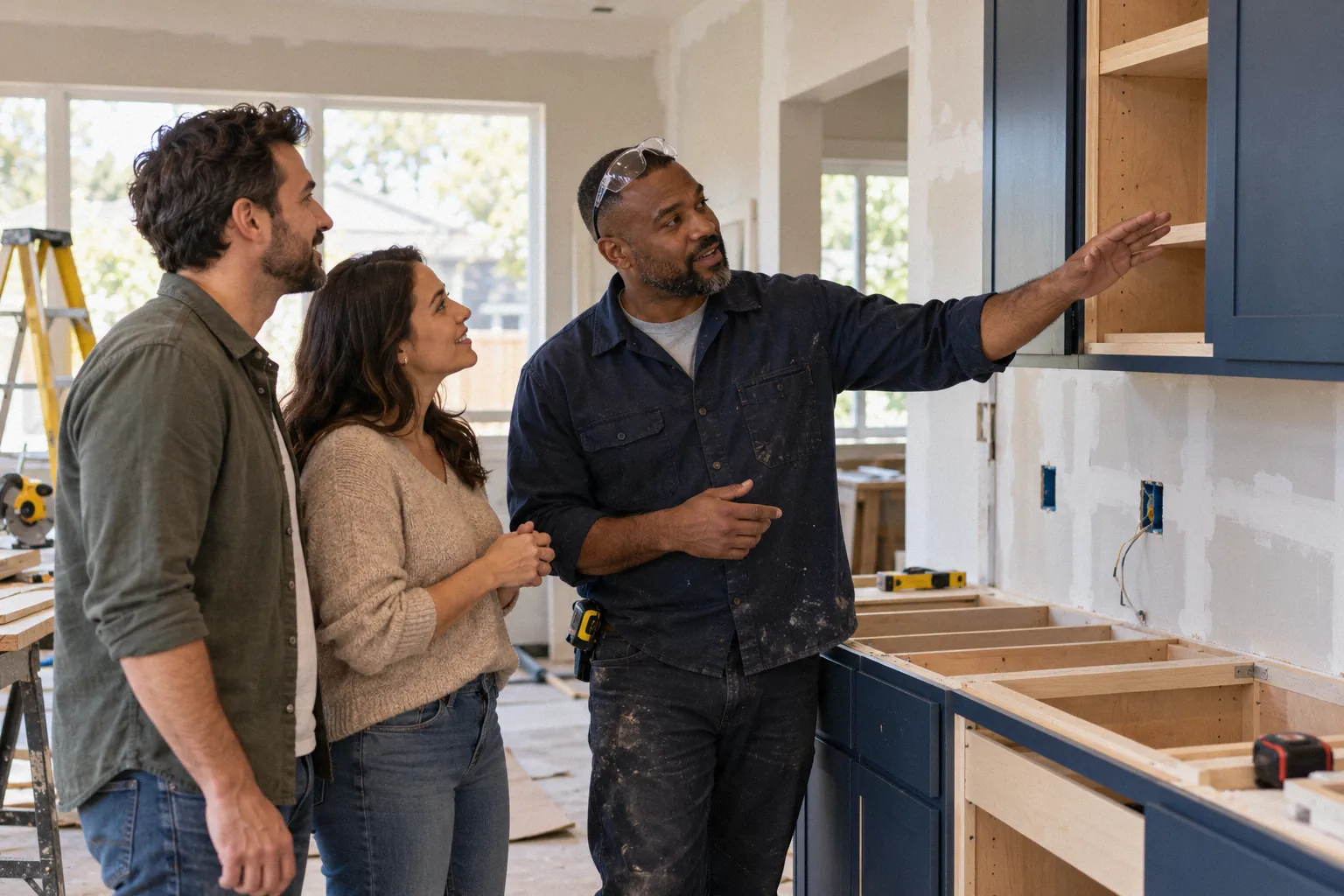 A contractor shows a couple the new cabinets in their kitchen remodel.