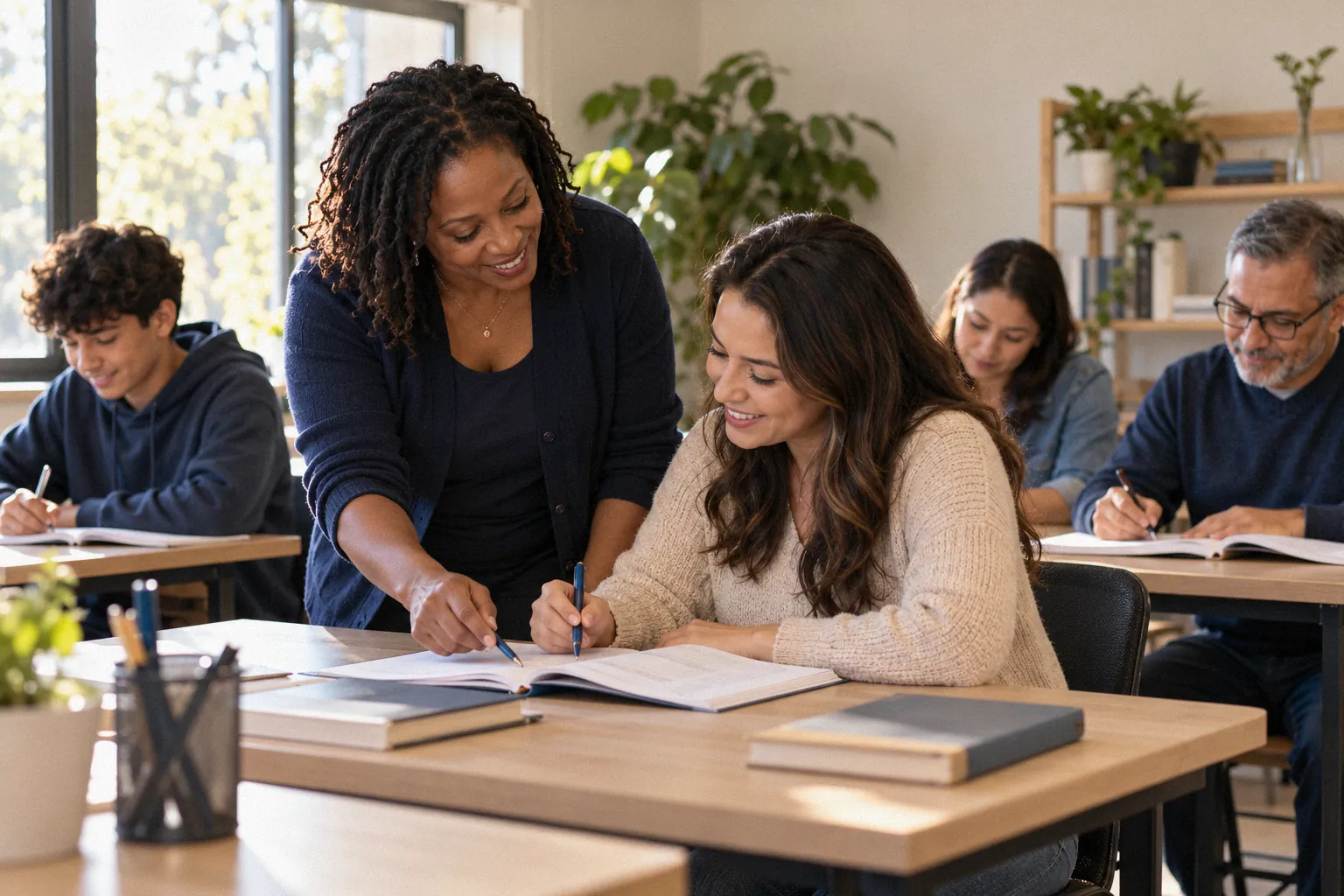 A teacher helps a student with her notebook in a small academy classroom while others work at their tables.