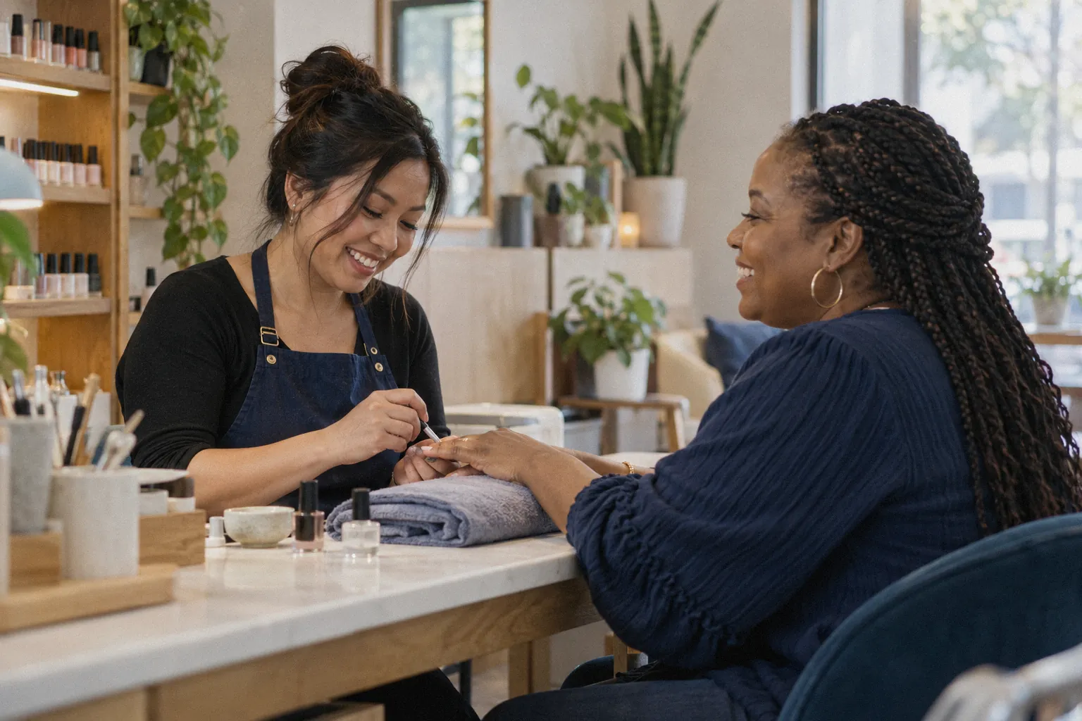Una manicurista con delantal azul marino atiende a una clienta sonriente en un estudio de belleza tranquilo.