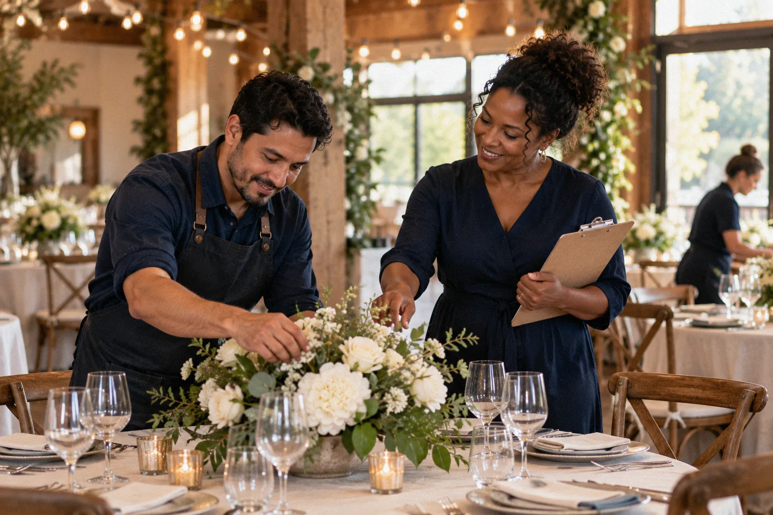 An event planner with a clipboard checks a wedding table while a florist arranges the centerpiece.