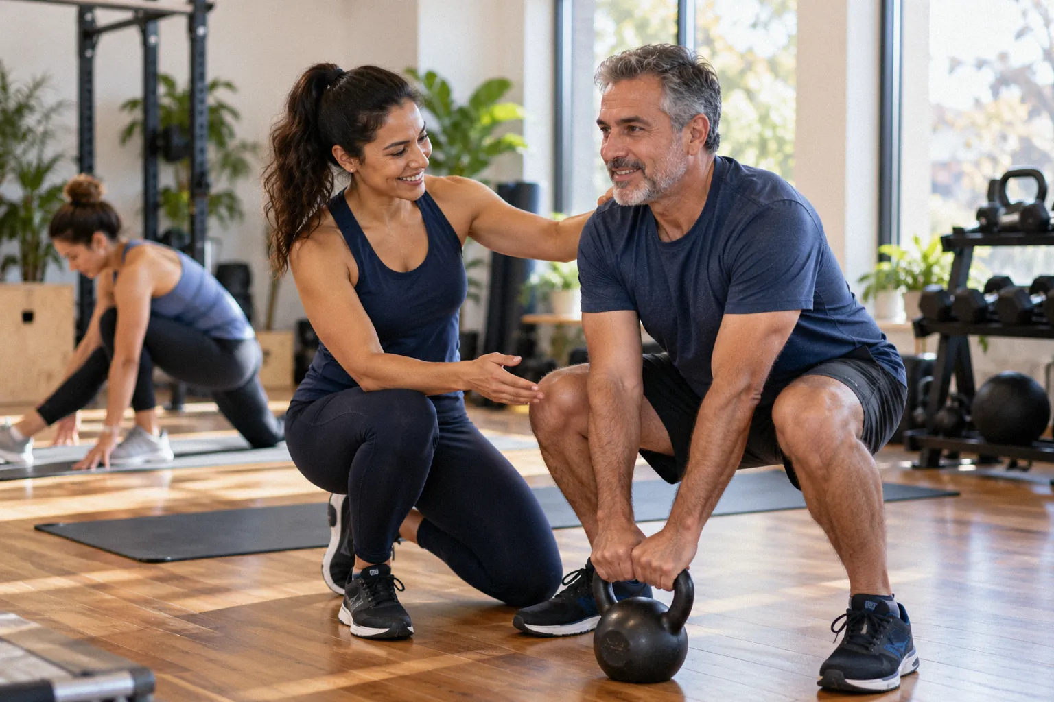 A coach corrects a member's posture during a kettlebell exercise in a small fitness studio.