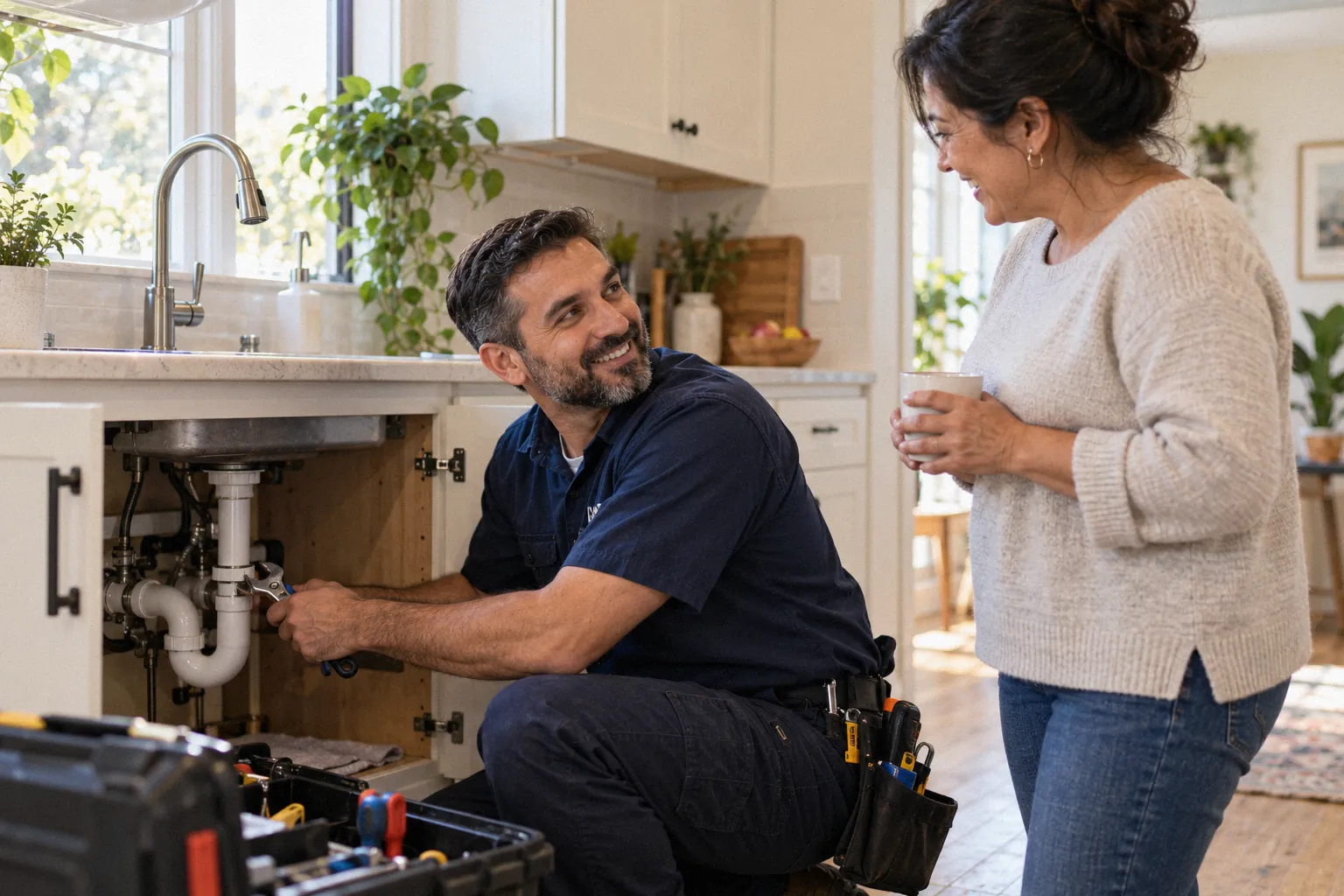 A plumber fixes the pipes under a kitchen sink while the homeowner chats with him, holding a coffee mug.