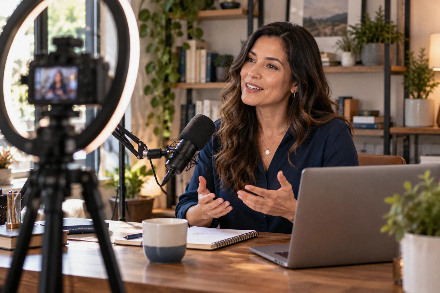 An online course creator records a video lesson at her desk, with a camera, ring light and microphone in front of her.