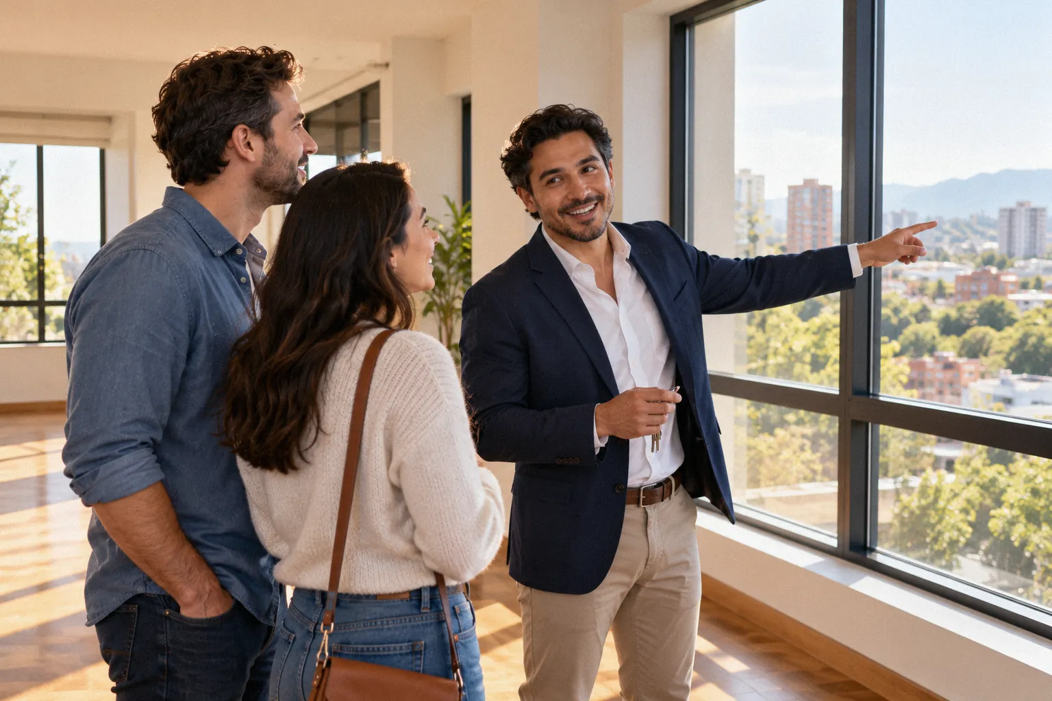 A real estate agent holding the keys shows a couple the view from a bright, empty apartment.