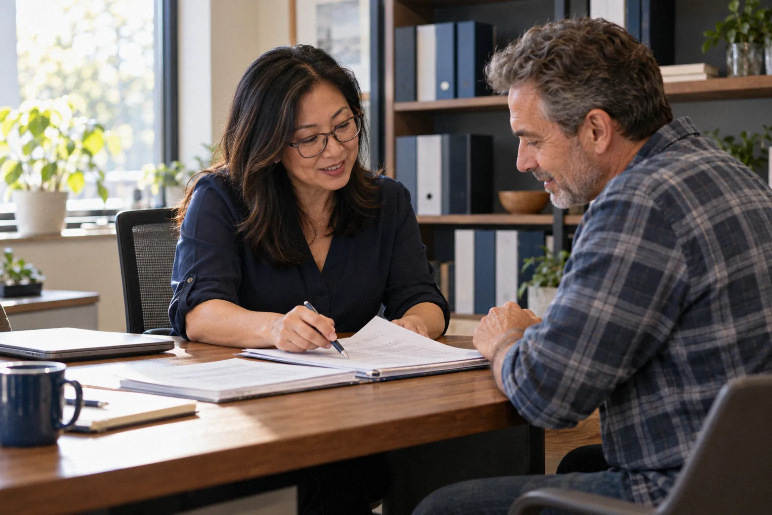 An accountant reviews paper documents with a business owner across her desk.