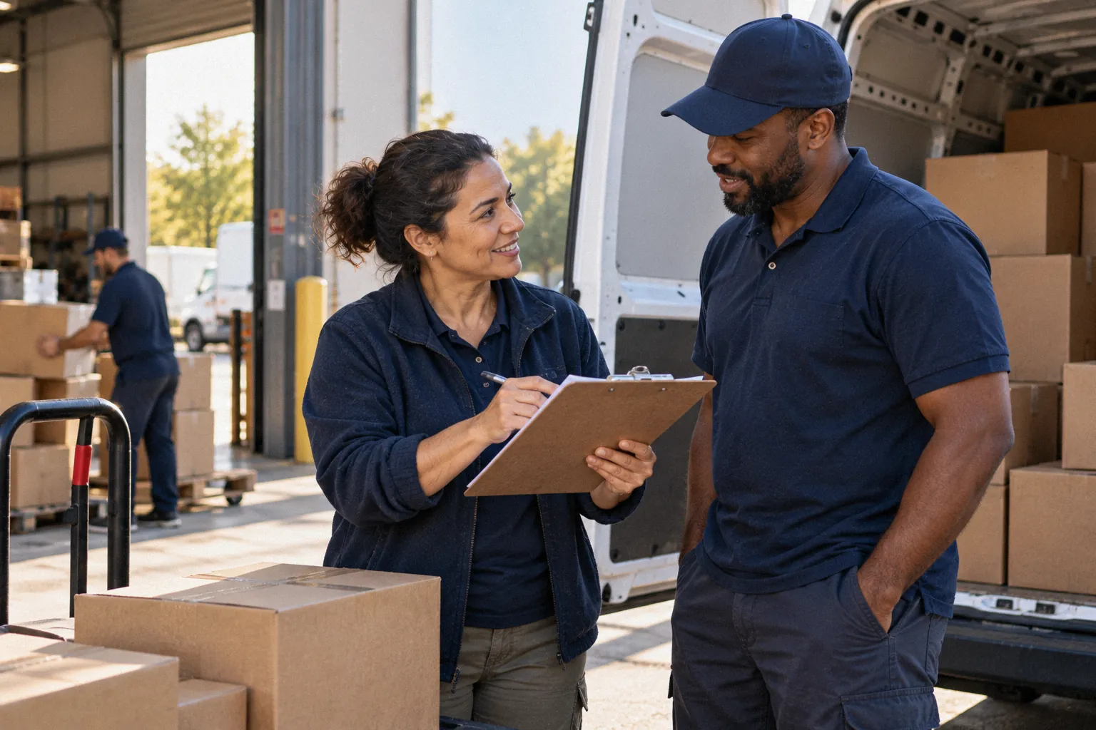 A dispatcher with a clipboard talks with a driver next to a van loaded with boxes.