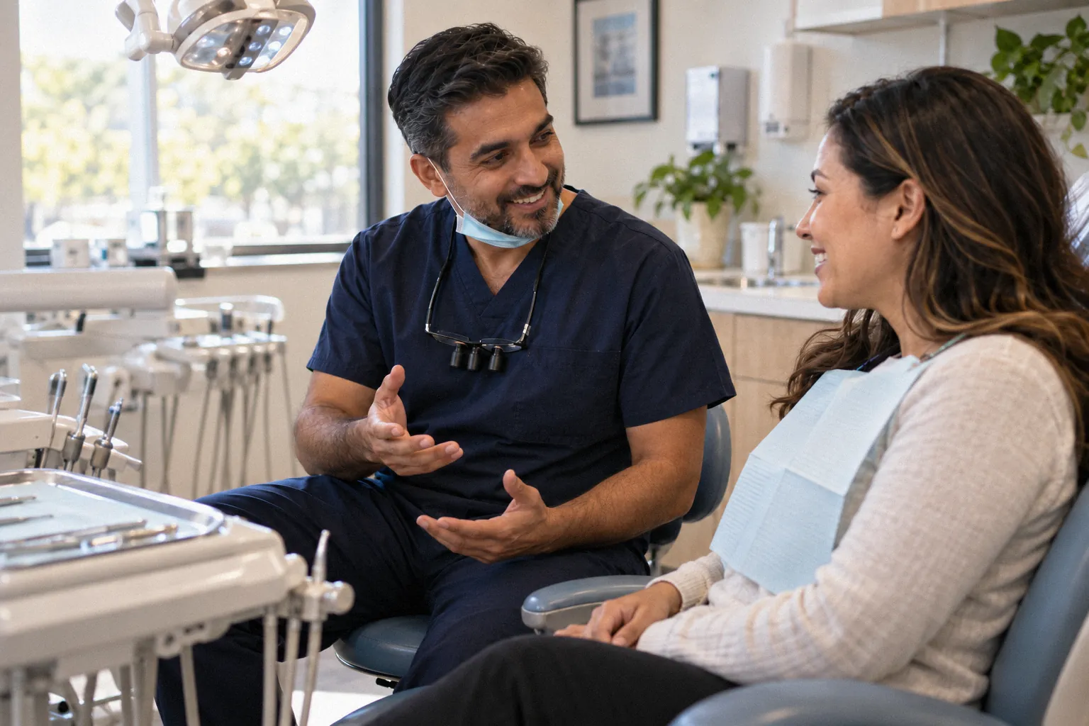 A dentist with his mask lowered talks with a smiling patient sitting in the dental chair.