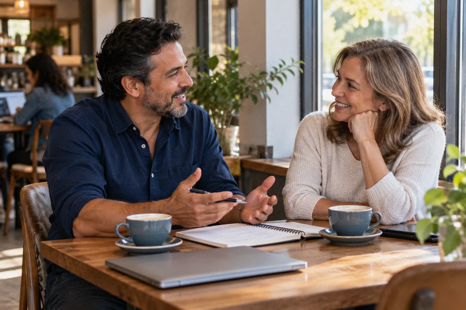 An independent consultant talks with a client over coffee and an open notebook in a café.