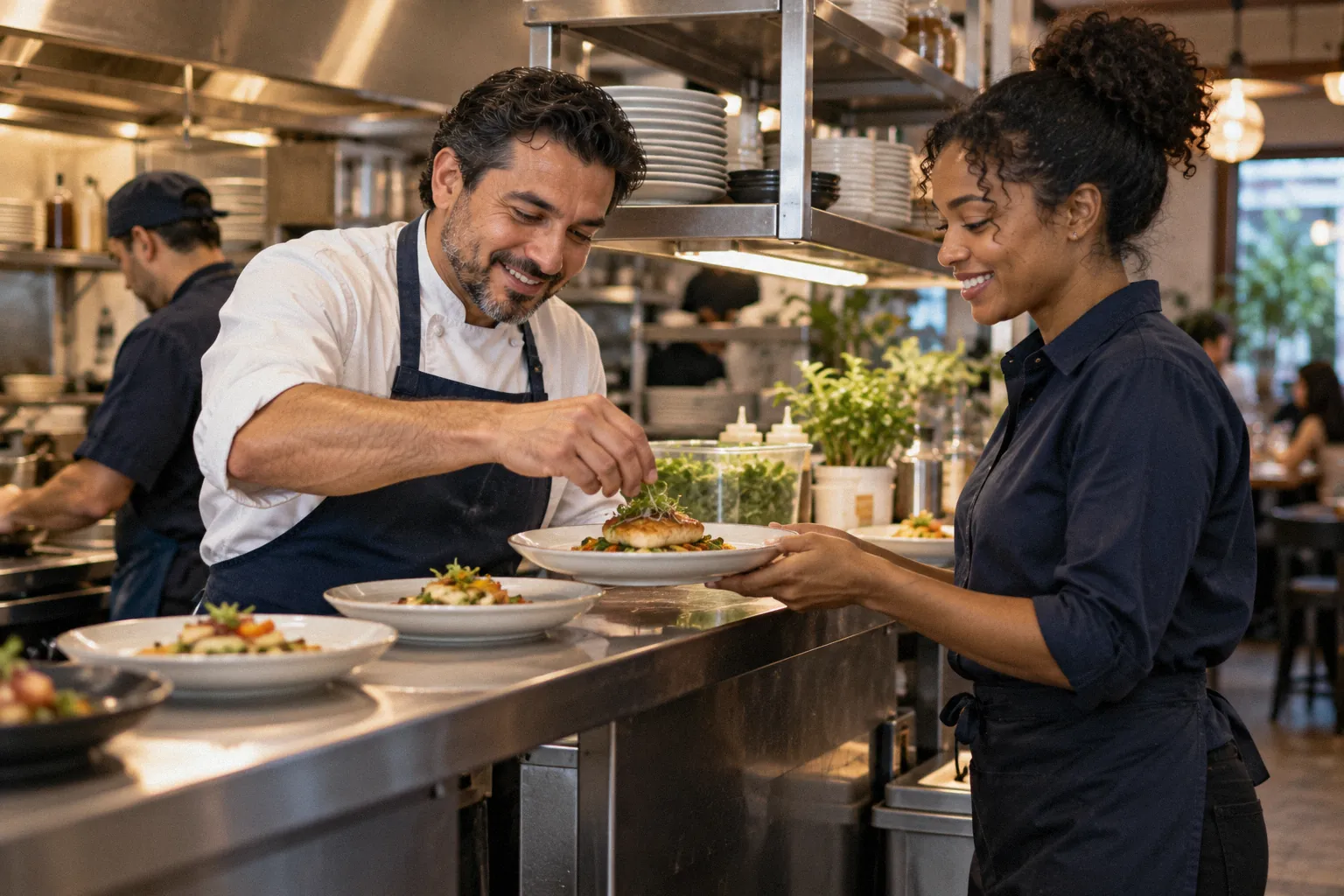 A chef finishes plating a dish at the pass while a server waits to take it to the table.