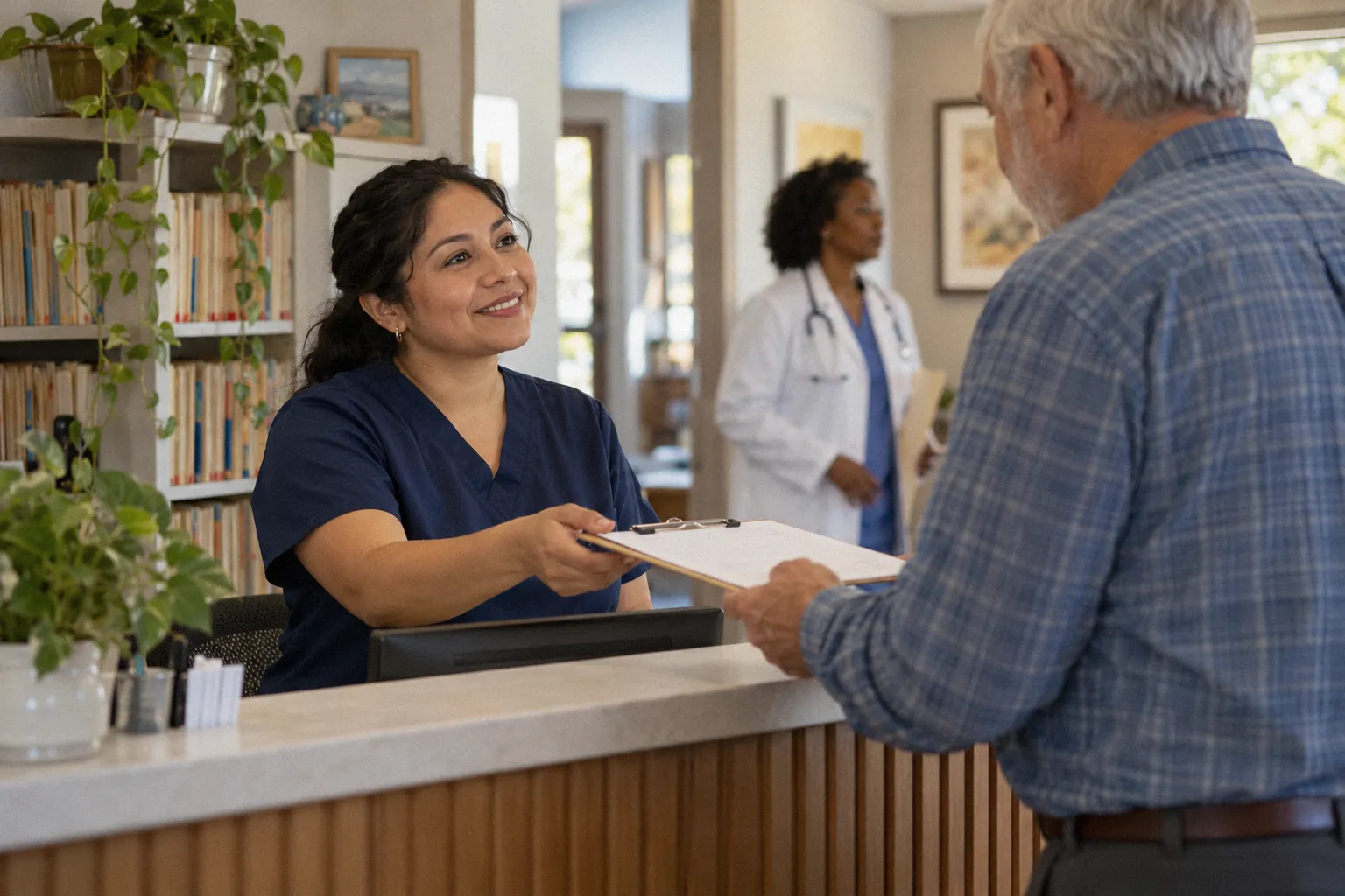 A clinic receptionist in navy scrubs hands a clipboard to an older patient at the front desk while a doctor walks by.