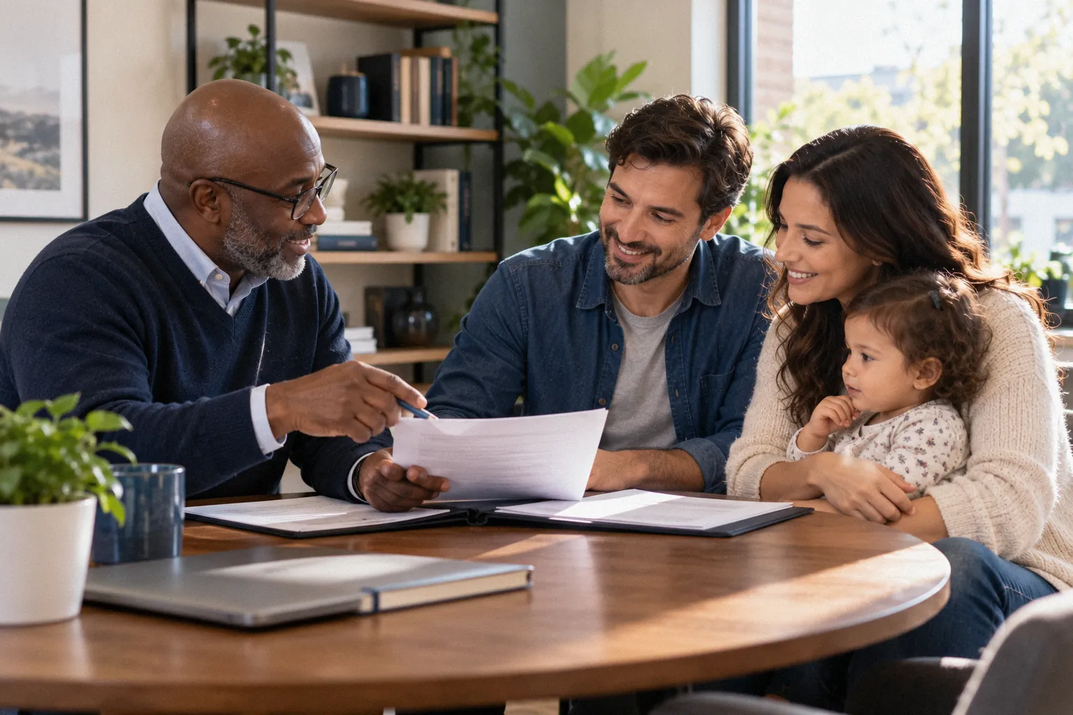 An advisor goes over a printed folder with a young family at a round table in his office.