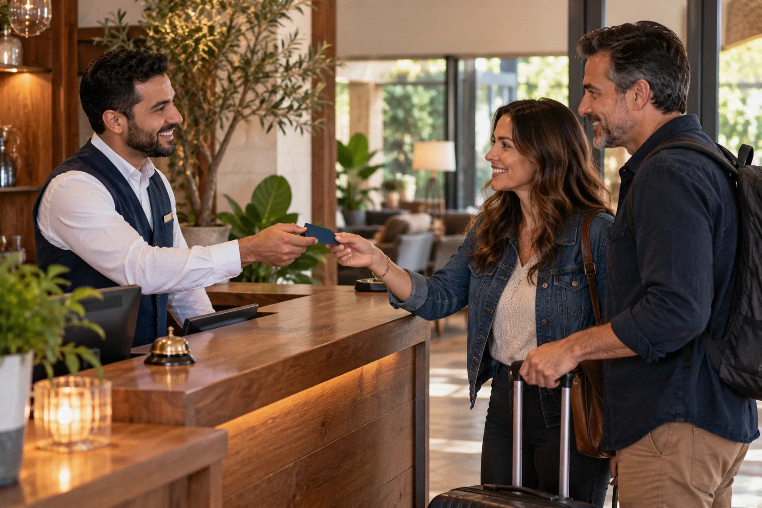 A hotel receptionist hands a key card to a couple arriving with their luggage.