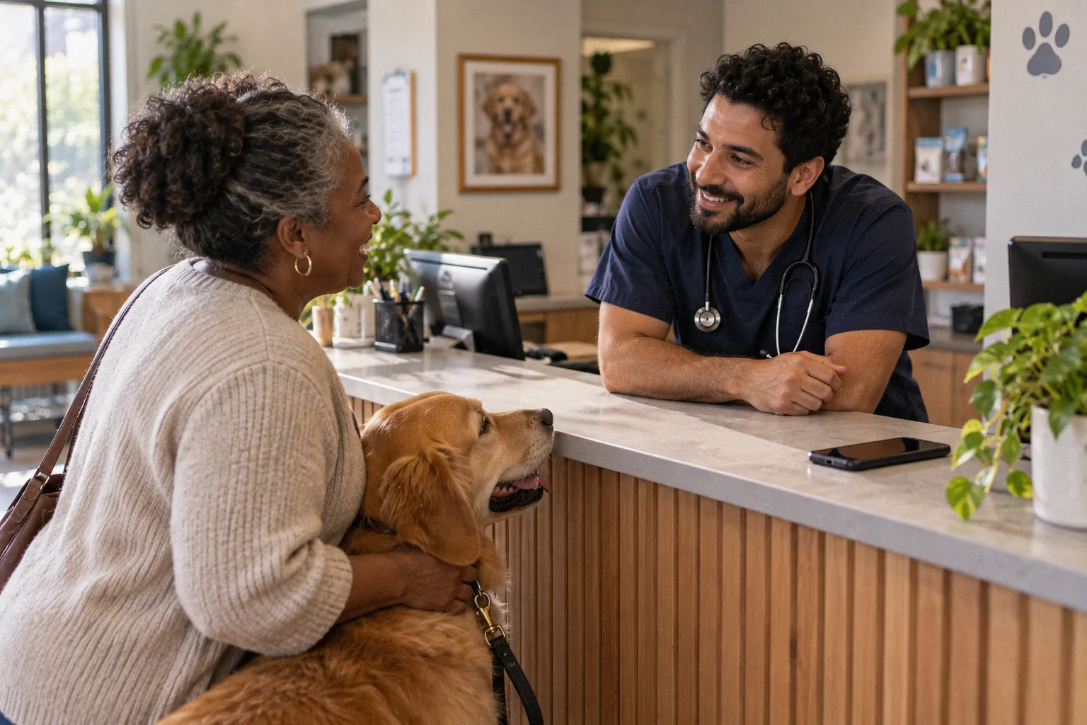 Veterinary clinic receptionist giving a client and her dog his full attention while the phone stays quiet.