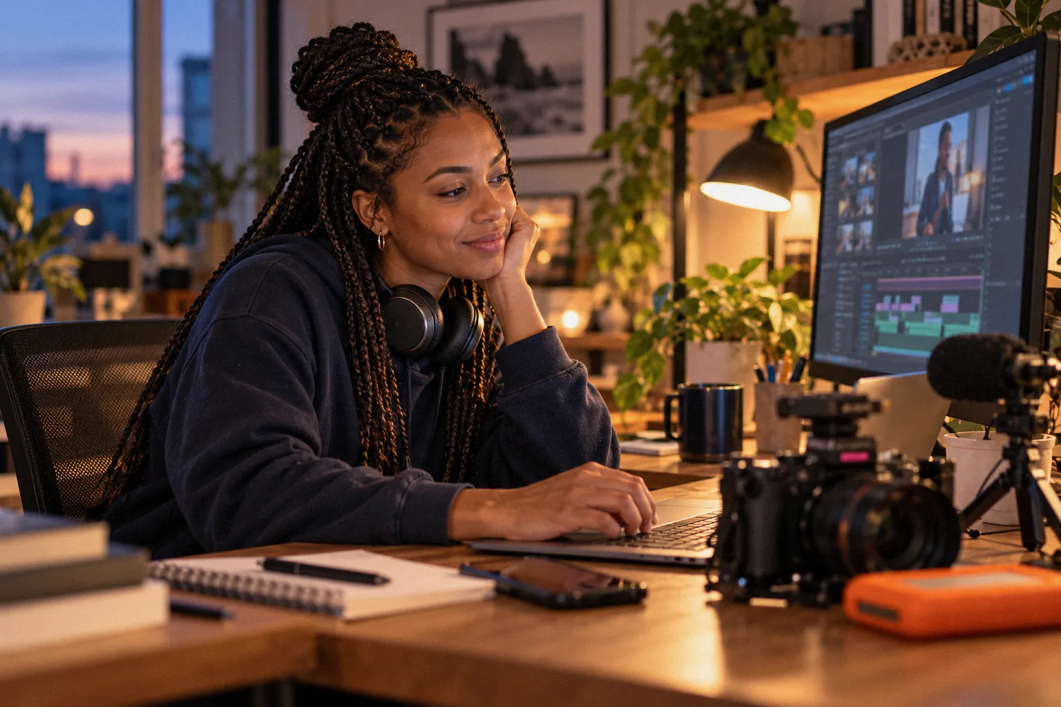 Content creator reviewing footage at her editing desk, camera and microphone beside her.