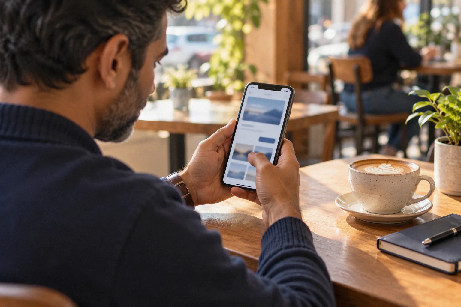 Man browsing a website on his phone in a café.