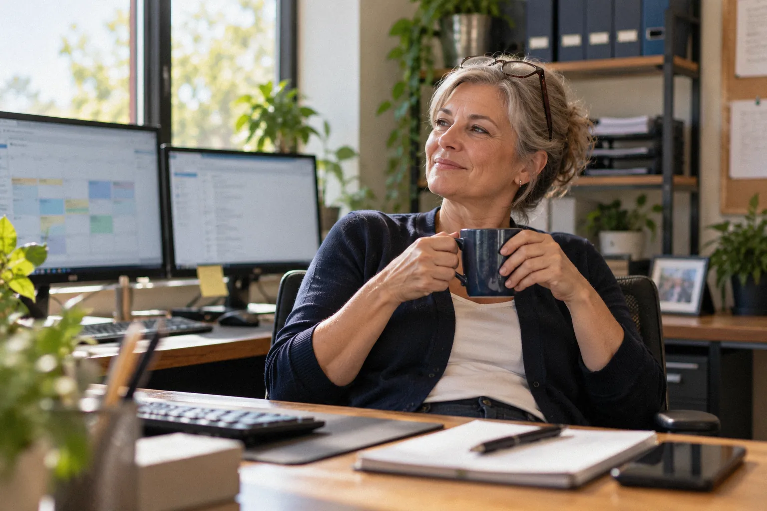Operations manager enjoying a coffee at a tidy desk while the day runs smoothly.
