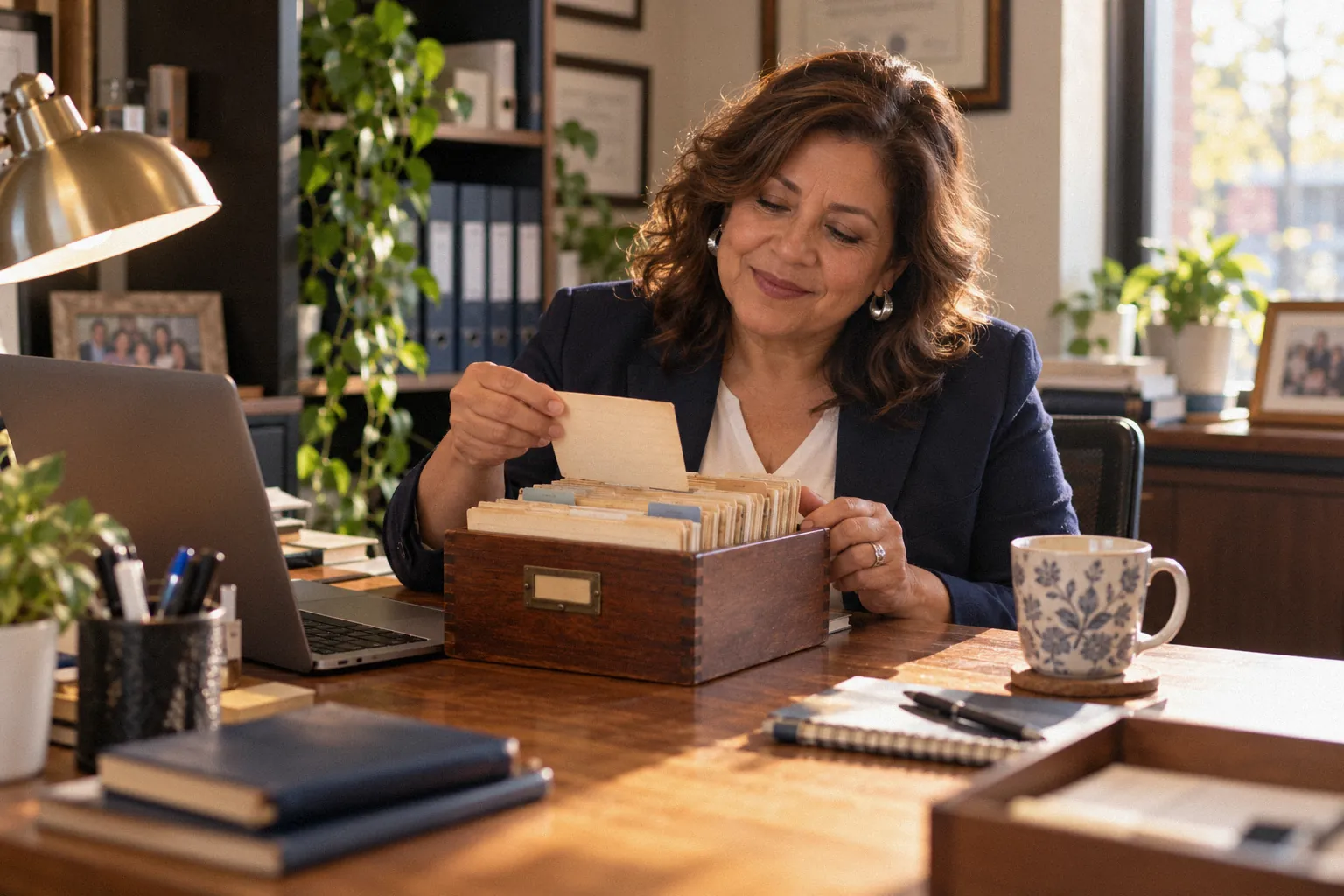 Insurance office owner smiling as she pulls an old client card from a file box.