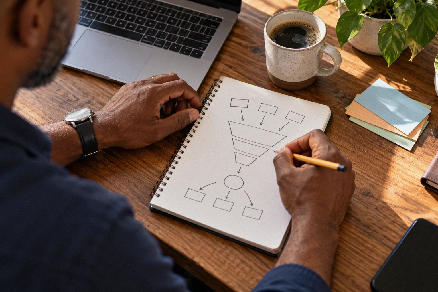 Hands sketching a simple funnel on a notepad next to a laptop.