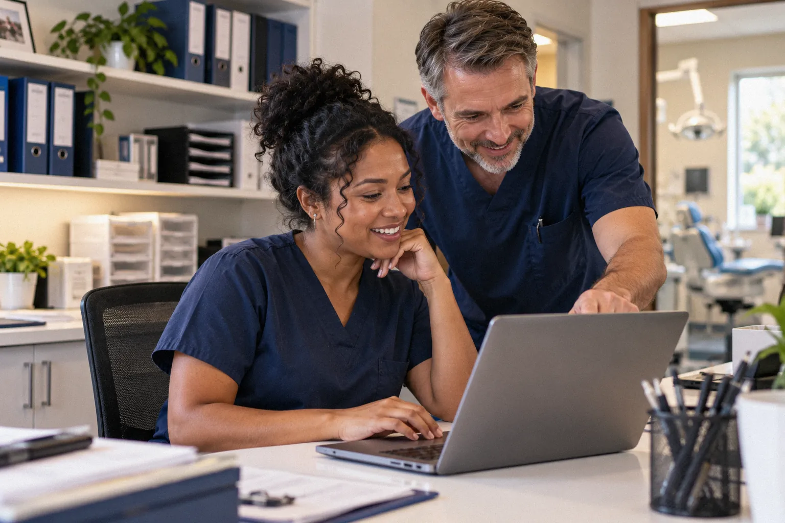 Two clinic staff members smiling as they read an answer together on a laptop.