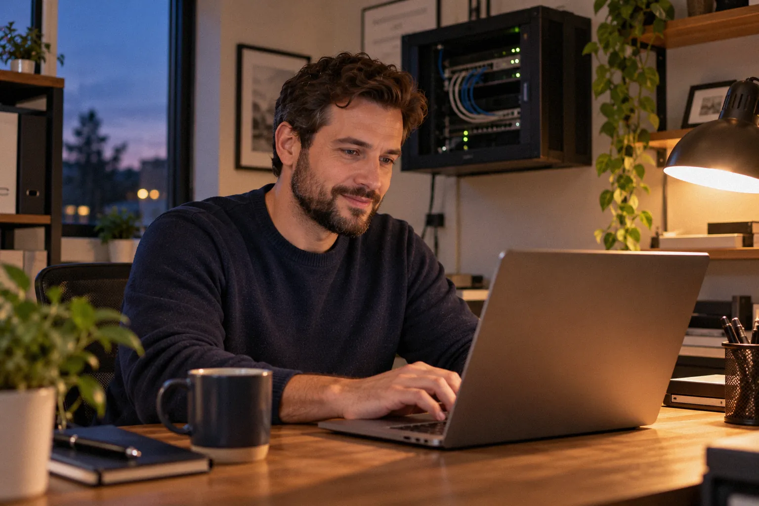 Technician calmly checking a laptop in a quiet office at dusk.