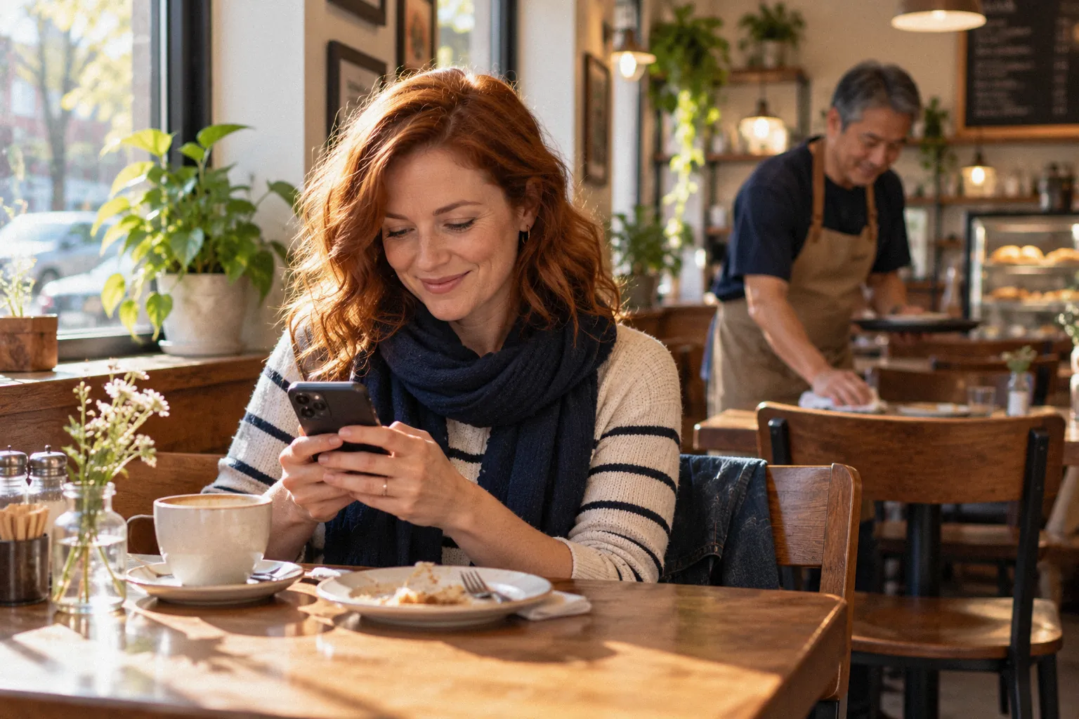 Smiling customer writing on her phone at a café table after her meal.