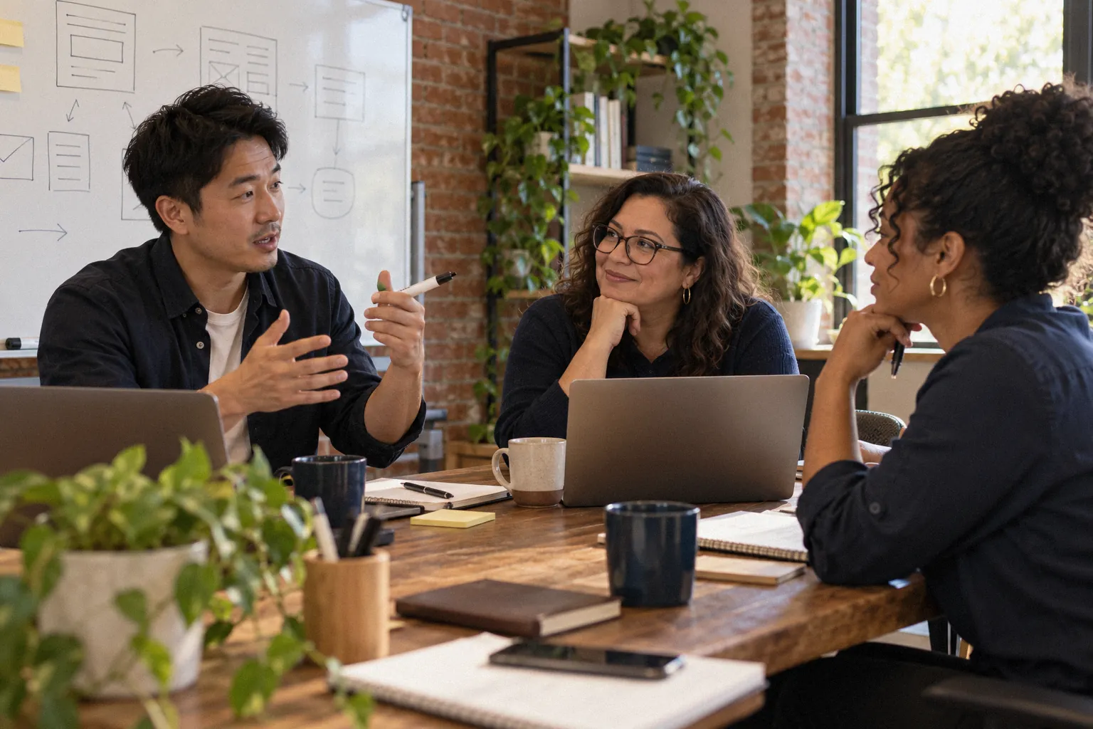Small team meeting around a table with a hand-drawn plan on a whiteboard.