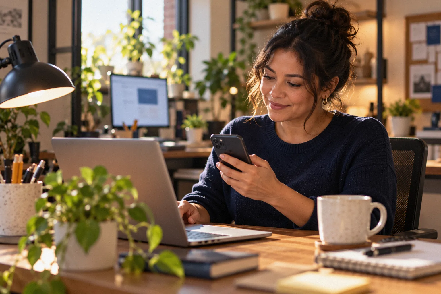 Woman at her desk checking on her phone that a test message arrived while working on her laptop.