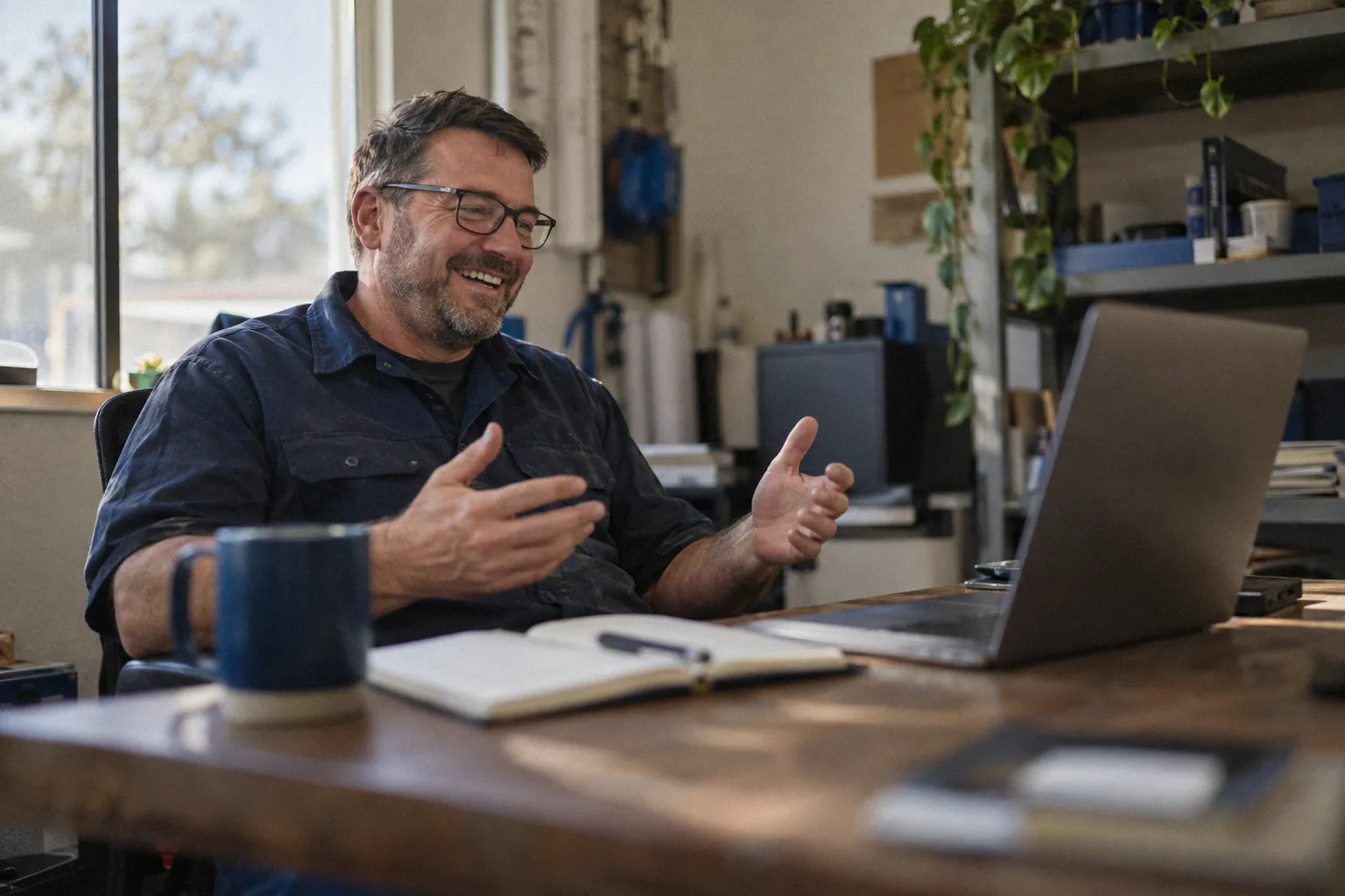 Plumbing company owner on a video call, laughing and talking with his hands.