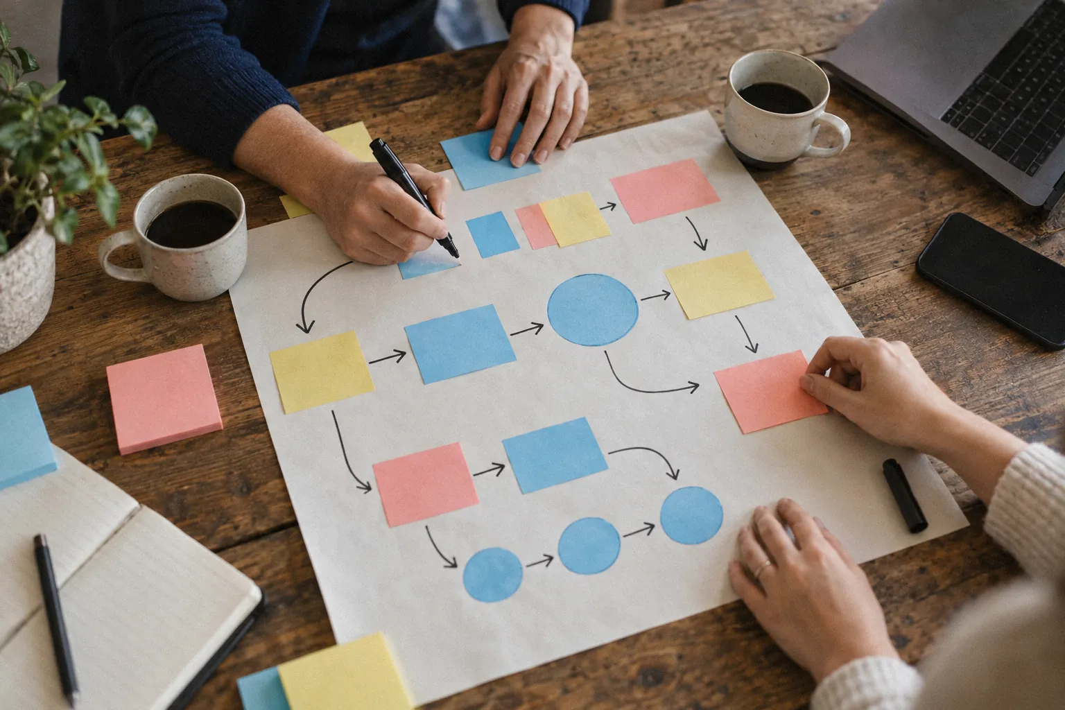 Overhead view of hands mapping a customer journey on paper with sticky notes and arrows.