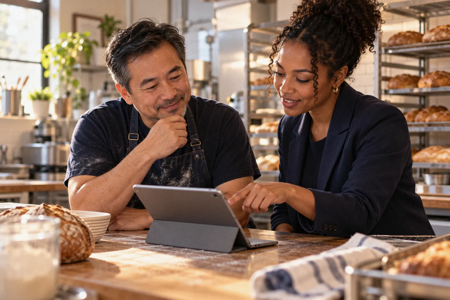 Bakery owner and a consultant smiling as they review results on a tablet.